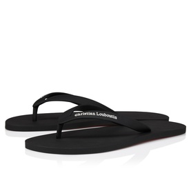 Christian Louboutin black flip flops with logo strap and signature red sole, pair shown side by side