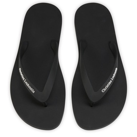 Christian Louboutin black flip flops with logo-embossed straps and white rubber sole, top-down flat lay view