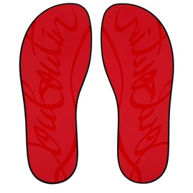 Christian Louboutin red flip flop outsoles with embossed signature branding, shown as a pair from above.
