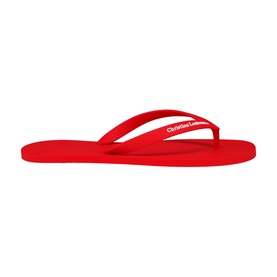 Christian Louboutin red rubber flip flop with white logo strap and matching red sole, side profile view.