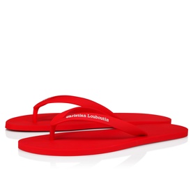 Christian Louboutin red flip flops with branded strap and flat rubber sole, shown as a pair on white background.
