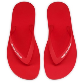 Christian Louboutin red flip flops with branded white logo text on straps, flat rubber sole, top-down view