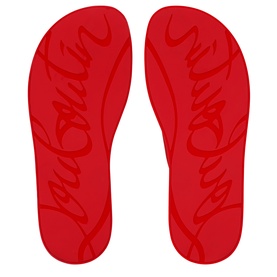 Christian Louboutin red rubber flip flop soles with embossed signature branding, shown as a pair from above.