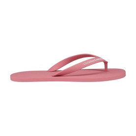 Christian Louboutin flip flop in Bon Bon pink, featuring branded strap and flat rubber sole, side profile view.