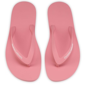 Christian Louboutin flip flops in Bon Bon pink, rubber thong strap with embossed logo branding, flat sole, top-down view