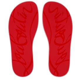Christian Louboutin Bon Bon red flip flop soles with embossed script logo, shown as a pair from above
