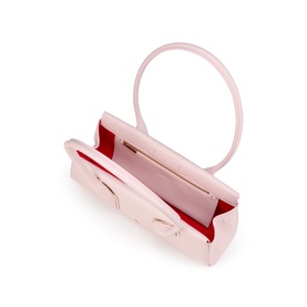 Christian Louboutin pink mini top-handle bag, open view showing red interior lining, circular rigid handle, gold-tone clasp detail