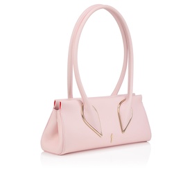 Christian Louboutin pink leather shoulder bag with gold V-shaped hardware detail, dual top handles, and red interior accent.