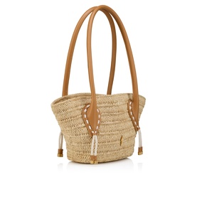 Christian Louboutin woven straw tote bag with tan leather handles, whipstitch trim detail, and tassel embellishment in natural and multi tones.