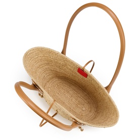 Christian Louboutin woven straw basket bag, multi, tan leather top handle and frame, red logo detail, overhead view