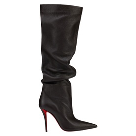 Christian Louboutin brown leather slouch knee-high stiletto boots with pointed toe and signature red sole