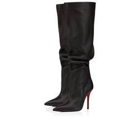 Christian Louboutin knee-high boots in brown leather, ruched shaft, pointed toe, and iconic red stiletto sole