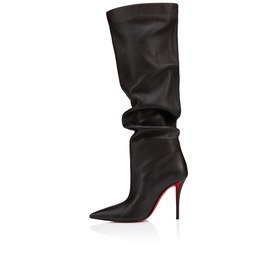 Christian Louboutin Dump knee-high slouch boot in brown leather, stiletto heel, pointed toe, signature red sole