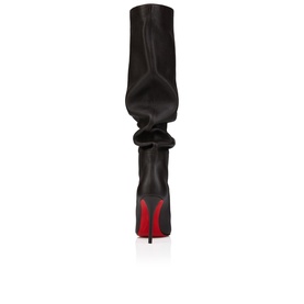 Christian Louboutin brown leather knee-high stiletto boot, ruched shaft, signature red sole, rear view