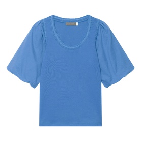 Mint Velvet Embellished Solid Top in blue with scoop neckline, trim detailing and short puff sleeves