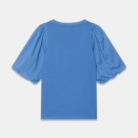 Mint Velvet Embellished Solid Top in blue, scoop neckline with trim detail and short puff sleeves, back view
