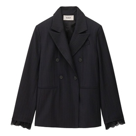 Bash blue double-breasted blazer with pinstripe detail and lace-trimmed cuffs