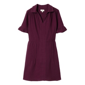 Jigsaw purple mini dress with V-neckline, short flutter sleeves, and fitted waist on a ghost mannequin