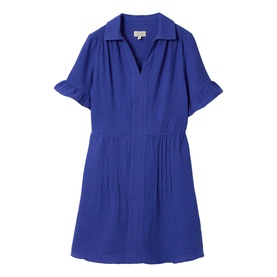 Jigsaw blue short-sleeve mini dress with V-neckline, collar, elasticated waist, pintuck skirt and frill cuffs