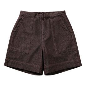 Dark brown corduroy high-waist shorts with large front patch pockets and wide-leg silhouette, laid flat