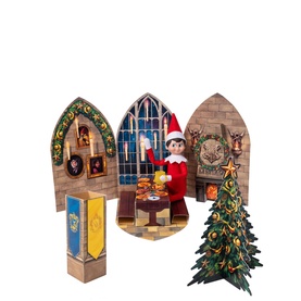 Elf on the Shelf multi-colour Harry Potter-themed playset with elf figure, gothic arch backdrops, Christmas tree, and house banner