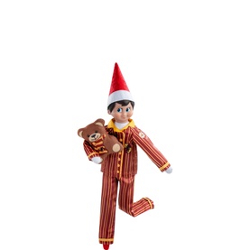 Elf on the Shelf soft toy elf in red striped pyjamas and red hat, holding a small brown teddy bear