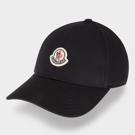 Moncler Felt Logo Baseball Cap in black, six-panel cotton construction with felt logo badge on front and peak visor