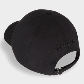 Moncler Felt Logo Baseball Cap in black, rear view showing tonal logo embroidery, six-panel construction and adjustable metal fastening