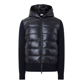 Moncler navy quilted down-front hooded cardigan with knit sleeves, zip fastening and logo badge
