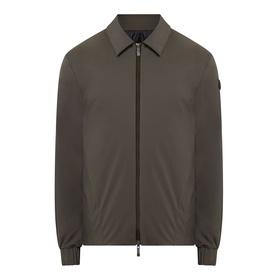 Moncler Caramantran Down Overshirt in dark green, zip-through casual jacket with collar, logo arm badge and elastic cuffs