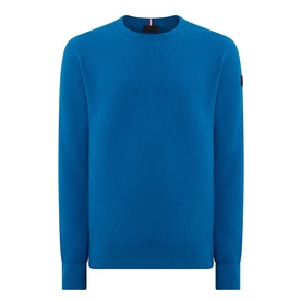 Moncler navy cotton crew neck sweatshirt with arm badge logo detail and ribbed cuffs and hem.