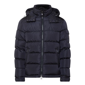 Moncler navy down jacket with detachable hood, zip fastening, quilted panels, and chest snap-button pockets