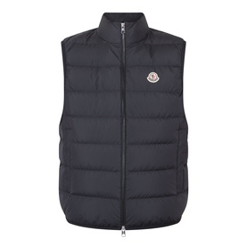Moncler Contrin Down Gilet in black, sleeveless padded design with stand collar, two-way zip fastening and chest logo patch.