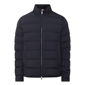 Moncler navy quilted down jacket with zip fastening, funnel neck, and signature arm badge detail