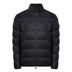 Moncler black quilted down jacket with zip fastening, high neck collar, and side zip pockets