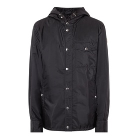 Moncler black hooded overshirt jacket with snap button fastening, chest pocket, and lightweight polyamide shell