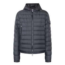 Moncler Galion Short Down Jacket in black, quilted finish, zip-through fastening, hood, sleeve logo badge, zip pockets