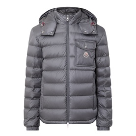 Moncler grey men's puffer jacket with detachable hood, zip fastening, chest pocket, and logo badge detail.