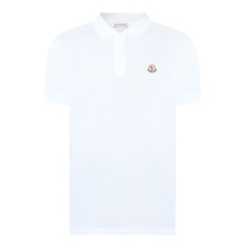 Moncler white cotton polo shirt with logo badge patch on chest and three-button placket, short sleeves
