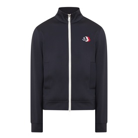 Moncler dark blue zip-through sweatshirt with funnel neck, white zip, and embroidered logo patch on chest