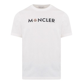 Moncler natural white cotton T-shirt with branded logo lettering print to chest, crew neck and short sleeves