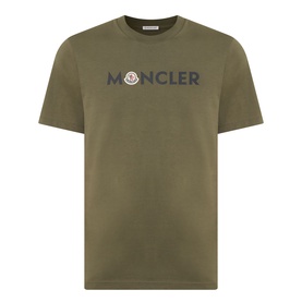 Moncler dark green cotton T-shirt with chest logo print and badge detail, crew neck, short sleeves