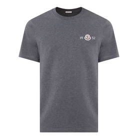 Moncler dark grey crew neck T-shirt with embroidered 1952 logo badge on chest, cotton-elastane blend