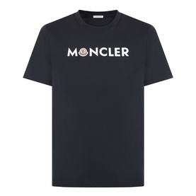 Moncler Felt Logo Graphic T-Shirt in navy, crew neck, short sleeves, with felt logo lettering across the chest