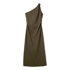 Jigsaw khaki one-shoulder sleeveless midi dress with ruched waist detail and straight skirt silhouette