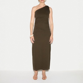 Model wearing Jigsaw khaki one-shoulder ruched maxi dress, styled with a gold bangle and nude heeled sandals.