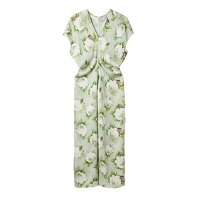 Jigsaw green floral print midi dress with V-neck, short sleeves, and gathered waist detail