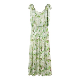 Jigsaw green floral print sleeveless midi dress with tie shoulder straps, elasticated waist, and tiered skirt