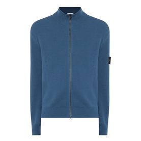 Stone Island full-zip knit cardigan in steel blue with ribbed collar, cuffs, and signature arm badge