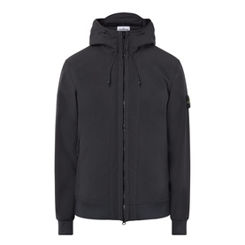 Stone Island Soft Shell-R-e.dye&reg; Wind Resistant Jacket in black, two-way zip fastening, hood with drawstring, compass logo badge on left sleeve